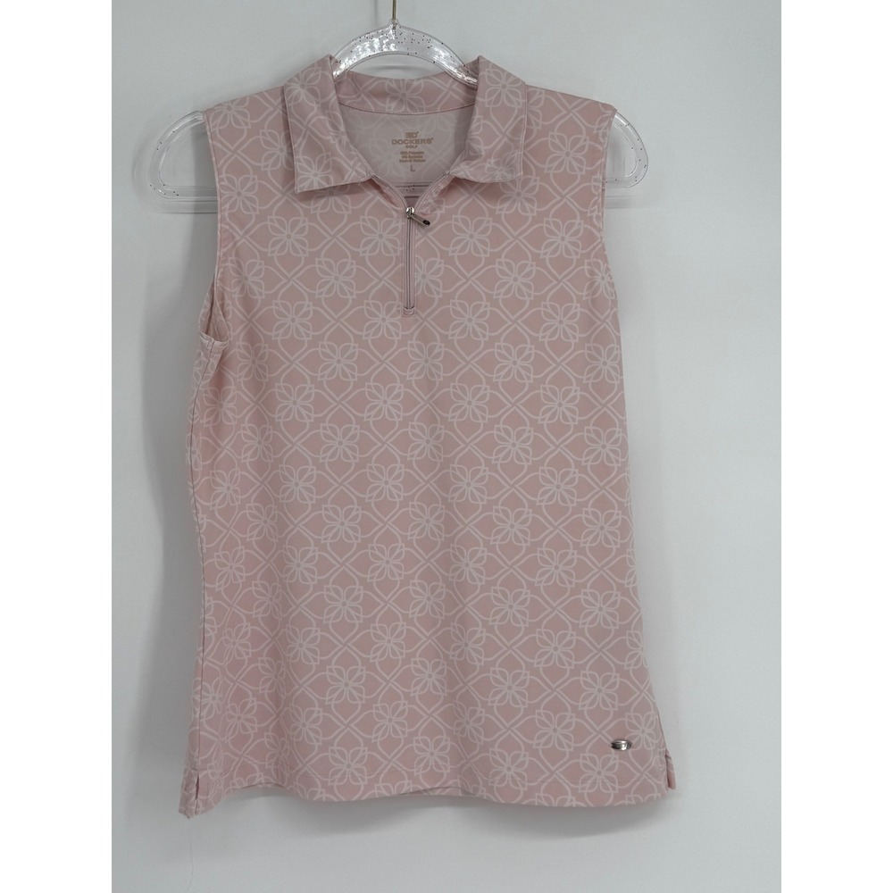 Dockers Golf Womens Pink Floral Lattice Quarter Zip Sleeveless Polo Shirt Sz L